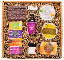 Load image into Gallery viewer, gift set of natural skincare soap, deodorant, body butter, shampoo bar, facial oil cleanser, soap dish
